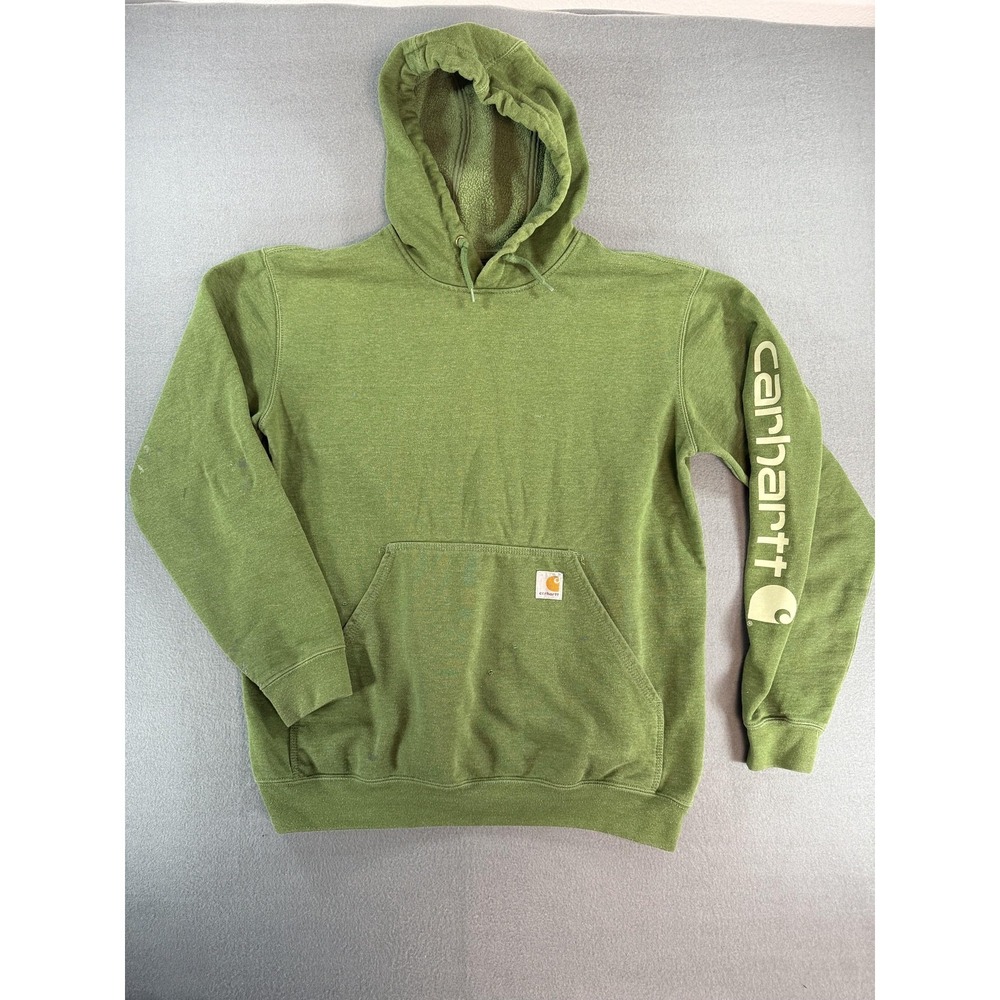 Carhartt Hoodie Mens Medium Green Pullover Fleece Sweatshirt Logo Workwear